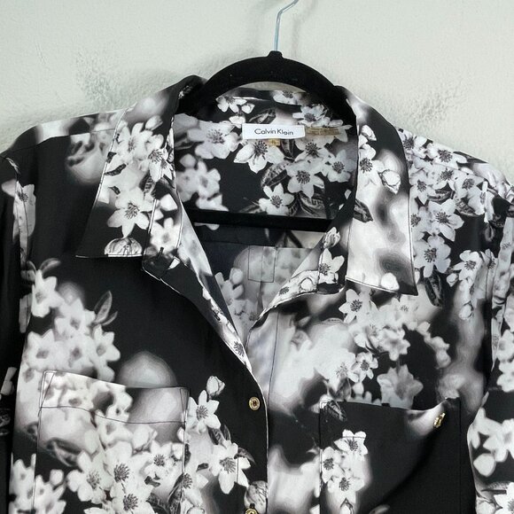 Calvin Klein Womens XL Floral Button Up Shirt Roll Tab Sleeve Blouse Top - Picture 8 of 13